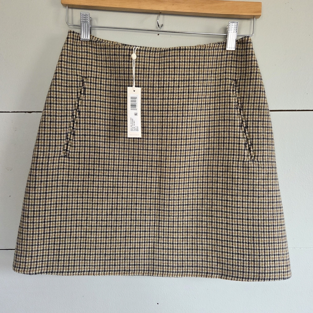 Rebecca Taylor Tweed Check A-Line Skirt Wool Blend Beige Navy Olive Size 4